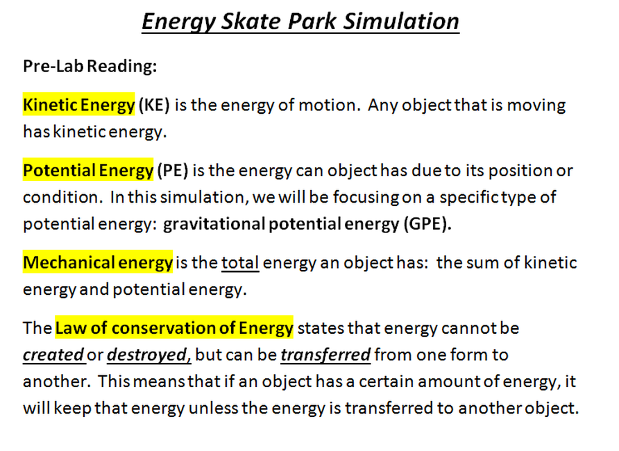 energy skate park conservation of energy lab answers